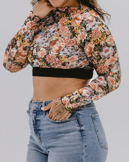Floral Mesh Mock Neck Long Sleeve