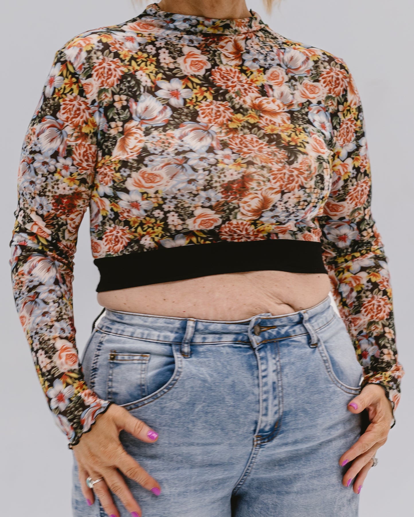 Floral Mesh Mock Neck Long Sleeve