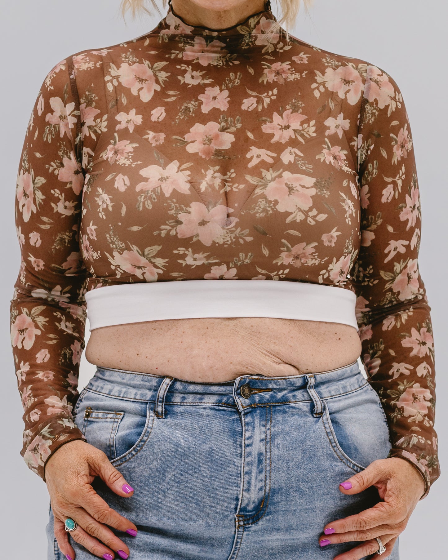 Floral Mesh Mock Neck Long Sleeve