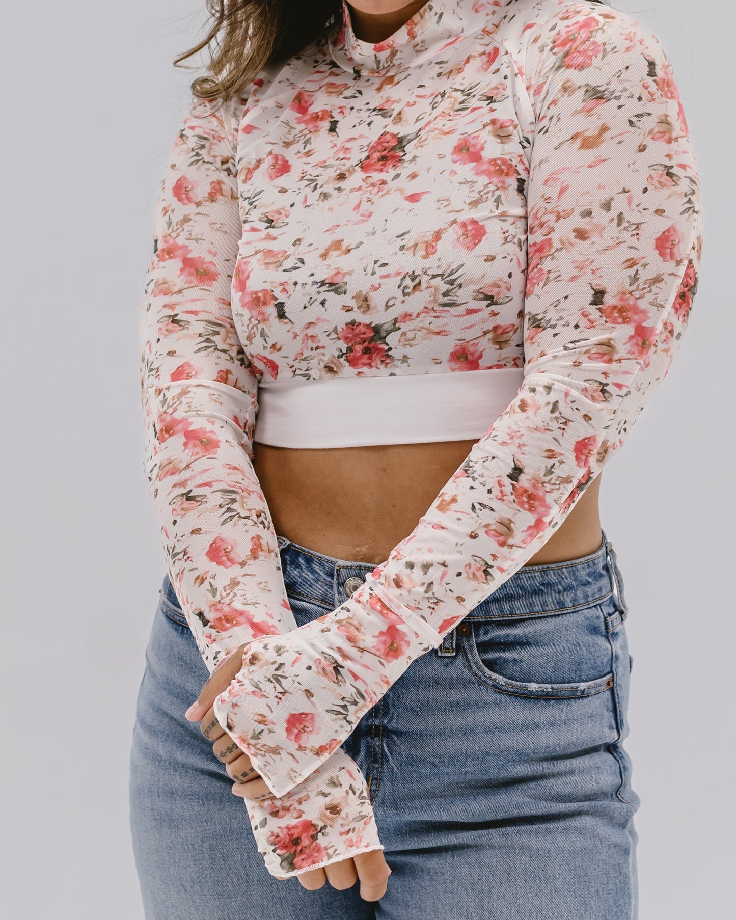 Floral Mesh Mock Neck Long Sleeve