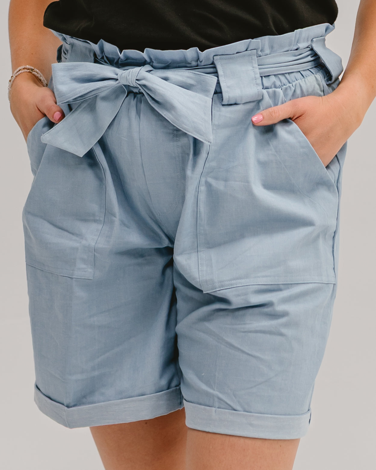 Bermuda Length  Denim Look Paper Bag Shorts