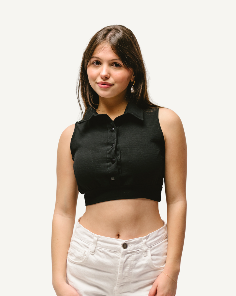 Woman in black crop top and white jeans, Button Down Sleeveless.
