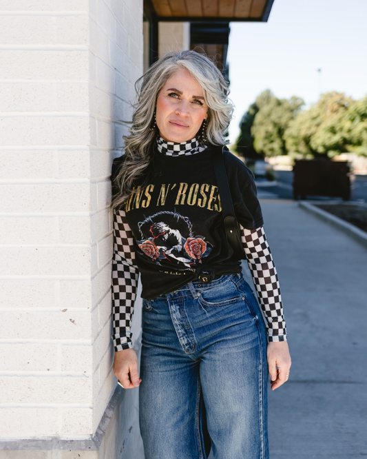 Mock Neck Printed Mesh Long Sleeve Halftee