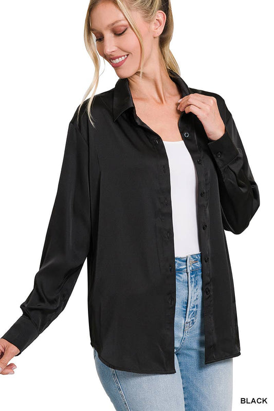 Long black button-down shirt featuring a classic button-down collar, designed for a stylish and comfortable fit.