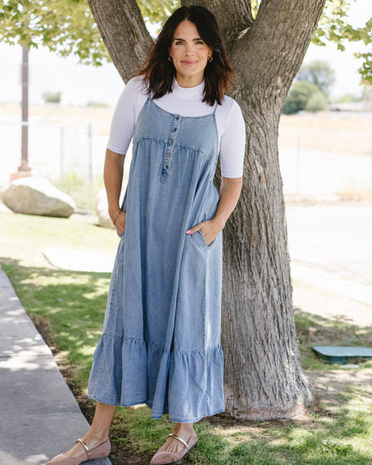 Chambray Tiered Ruffled Skirt Midi Dress
