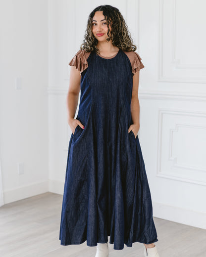WASHED DENIM SLEEVELESS PANEL FLARE MAXI DRESS