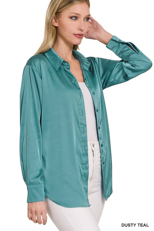 Satin women's button-down shirt by Halftee, showcasing a sleek and elegant design perfect for any occasion.