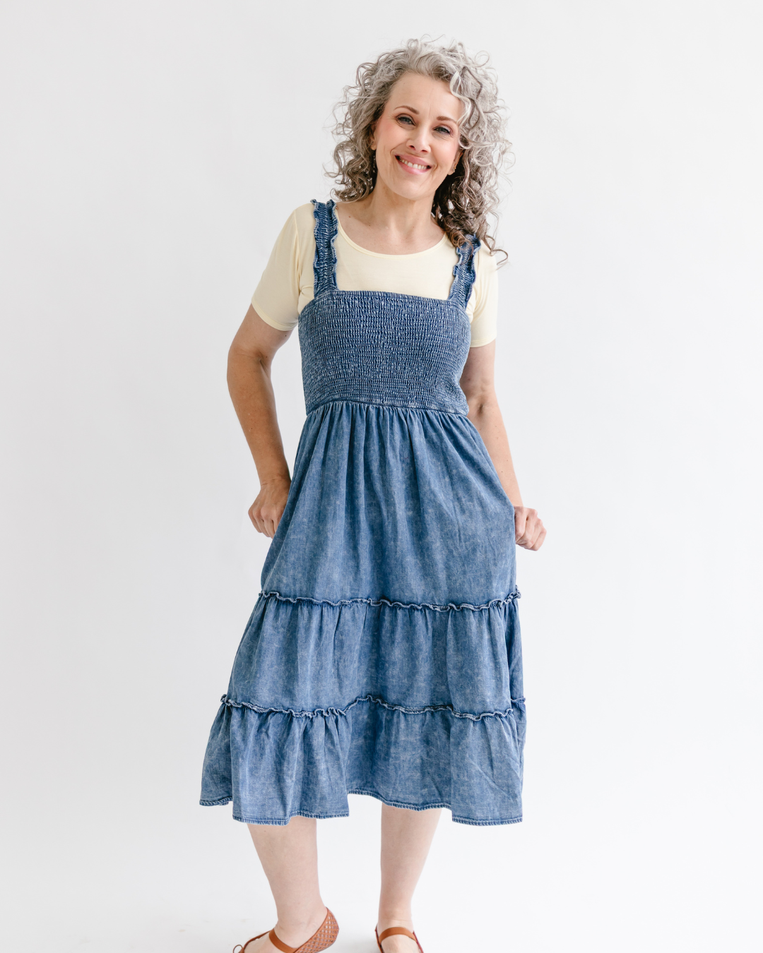 Washed Denim Smocked Straps Tiered Midi Dress