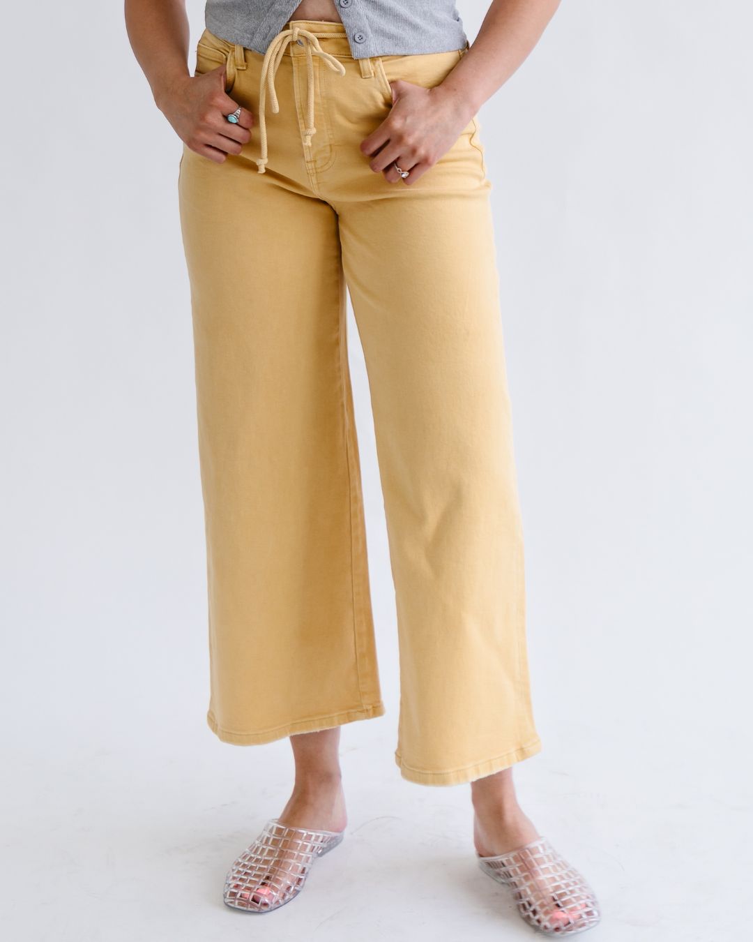 High Rise Drawstring Crop Wide Leg Jeans