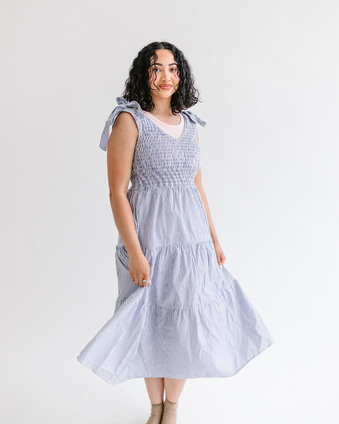 Striped Smocked Midi Dress – HALFTEE Layering Fashions