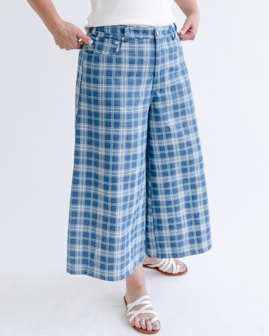 Plaid Denim Cropped Wide Leg Pants