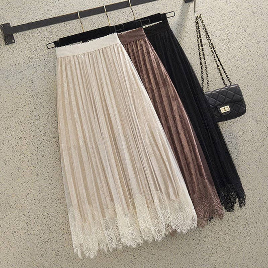 Three distinct skirts hanging on a wall, representing the trendy designs of HALFTEE Layering Fashions.