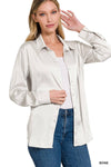 Women's white satin button-down shirt by Halftee, showcasing a sleek and elegant design for versatile styling.
