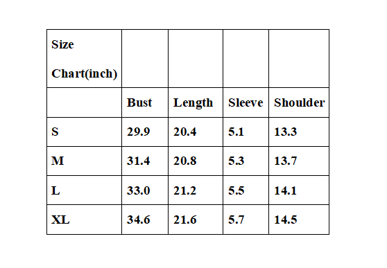 Size chart in inches showing measurements for bust, length, sleeve, and shoulder. Sizes listed are S, M, L, and XL with increasing values.