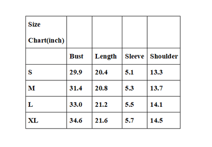 Size chart in inches showing measurements for bust, length, sleeve, and shoulder. Sizes listed are S, M, L, and XL with increasing values.