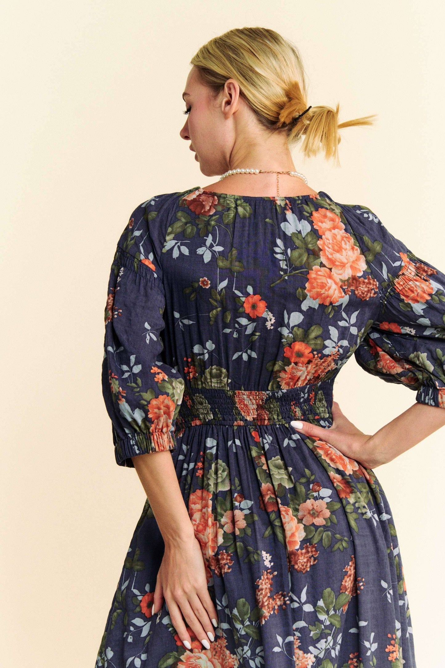 FLORAL THREE QUARTER SLEEVE SMOCKED MAXI DRESS