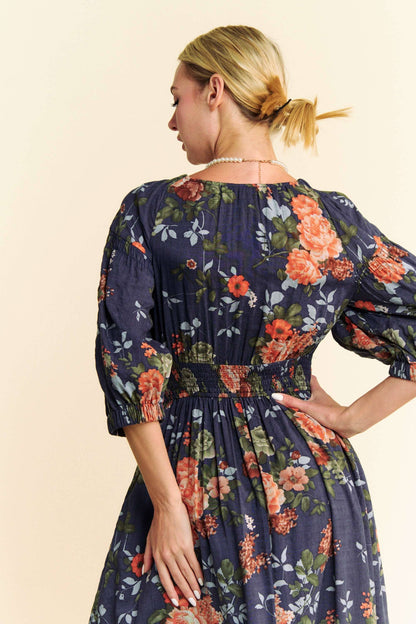 FLORAL THREE QUARTER SLEEVE SMOCKED MAXI DRESS