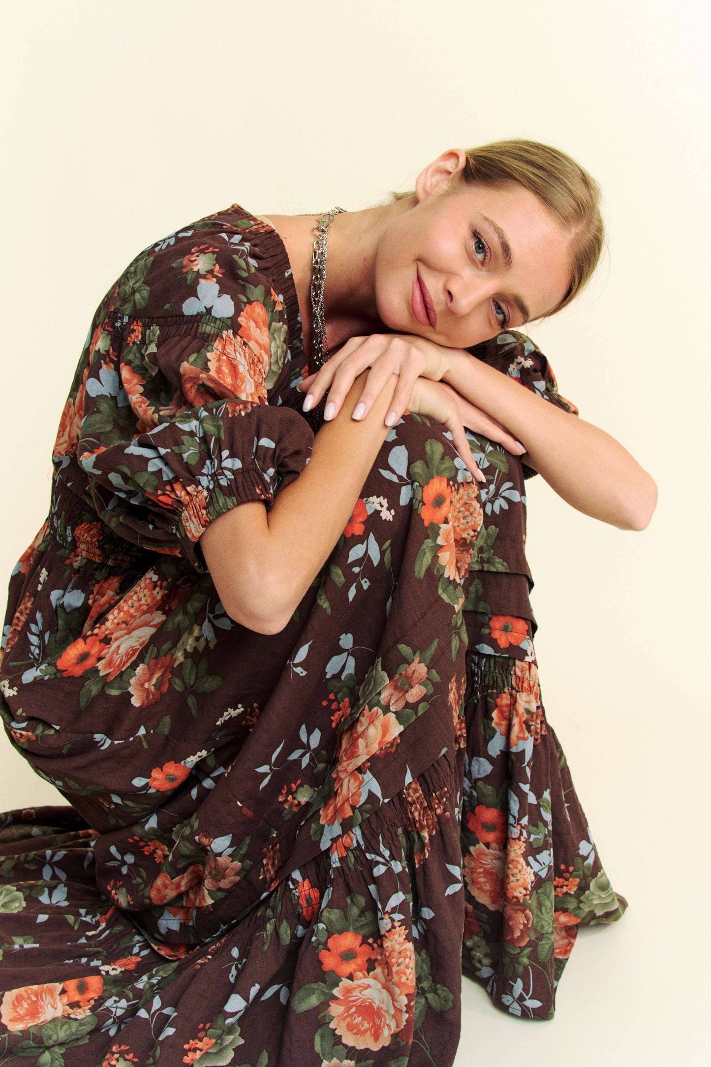 FLORAL THREE QUARTER SLEEVE SMOCKED MAXI DRESS