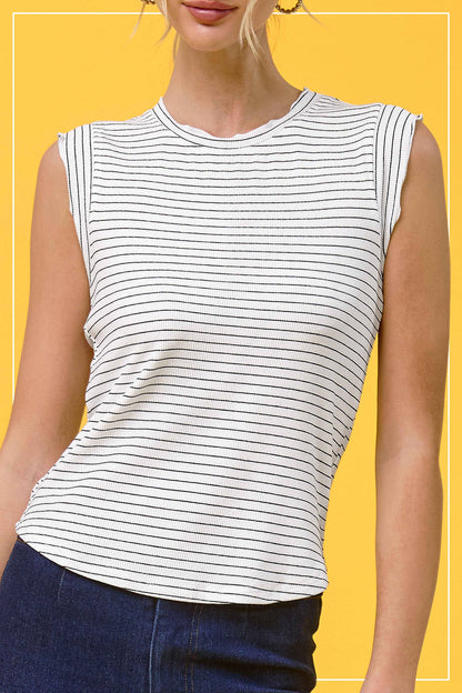 Stretchy Brushed Ruffle Sleeve Stripe Tank Top