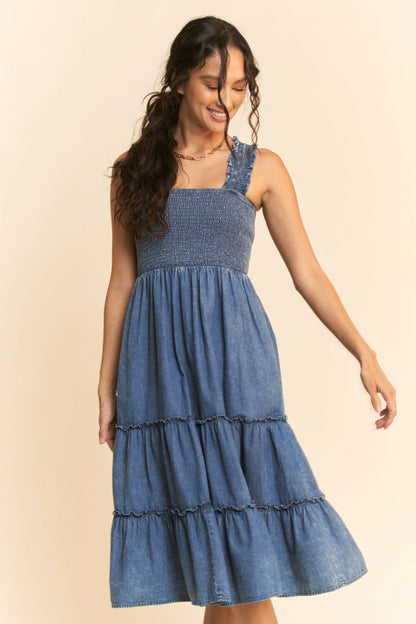 WASHED DENIM SMOCKING STRAPS MIDI DRESS