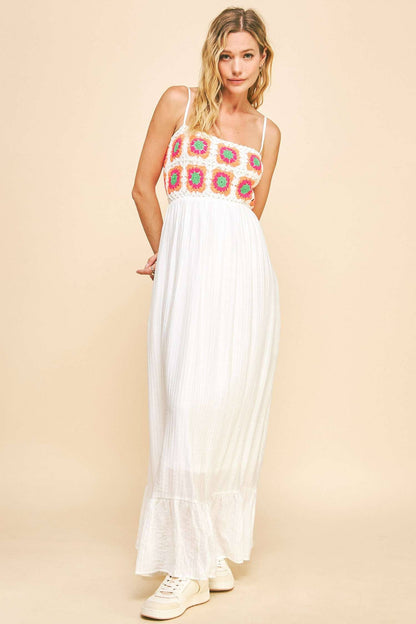 CROCHET BODICE BACK TEXTURED FABRIC MAXI DRESS