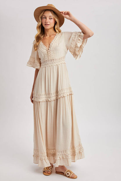 V-NECK LACE TRIM MAXI DRESS