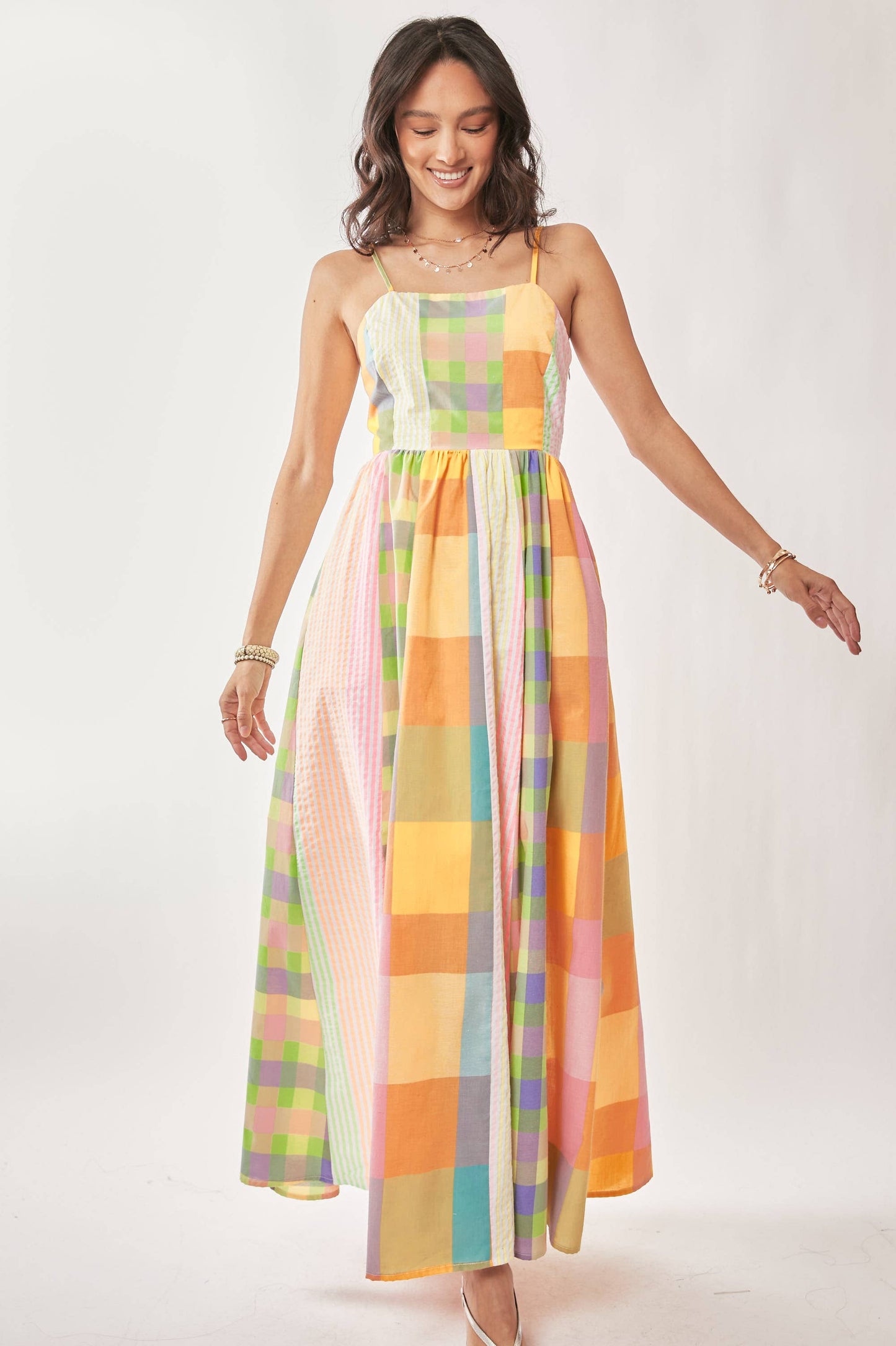 STRIPE PLAID COLOR BLOCKED SMOCKED MIDI DRESS