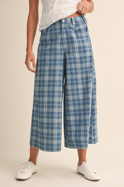 Plaid Denim Cropped Wide Leg Pants