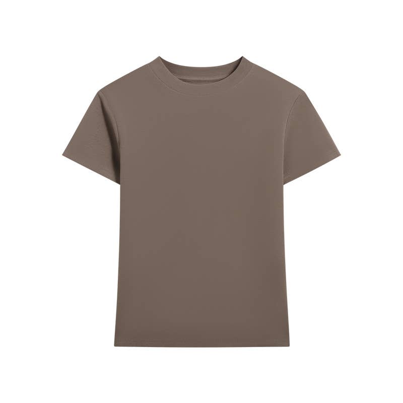 Plain olive green T-shirt with short sleeves and a round neckline. The shirt is laid flat against a white background, conveying simplicity and casual style.