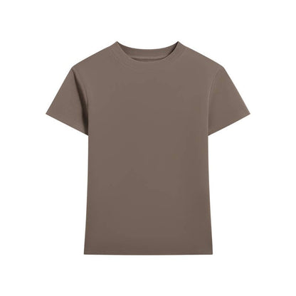 Plain olive green T-shirt with short sleeves and a round neckline. The shirt is laid flat against a white background, conveying simplicity and casual style.