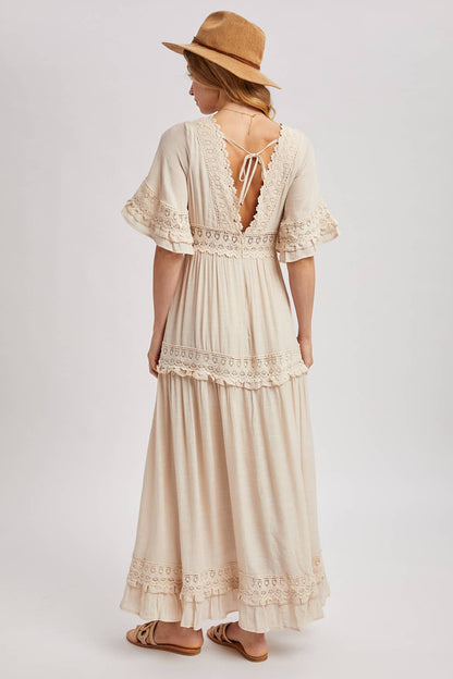V-NECK LACE TRIM MAXI DRESS