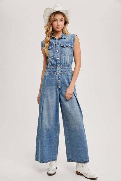 DENIM SLEEVELESS SHIRT JUMPSUIT