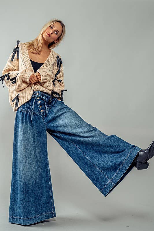 Wide Legged Pants with Button and Drawstring