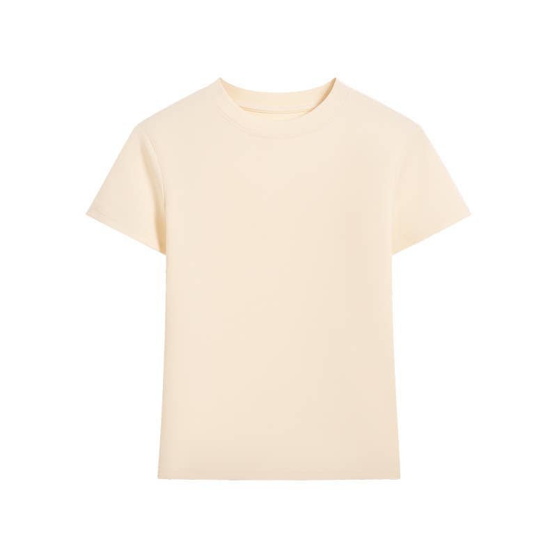 Plain beige t-shirt with short sleeves and a round neckline, set against a white background. The shirt appears soft and minimalistic.
