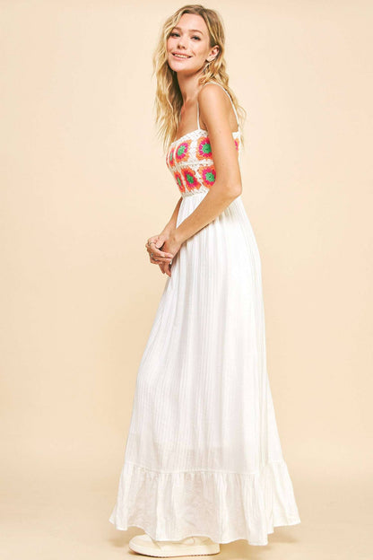 CROCHET BODICE BACK TEXTURED FABRIC MAXI DRESS