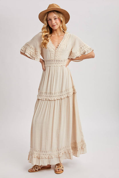 V-NECK LACE TRIM MAXI DRESS