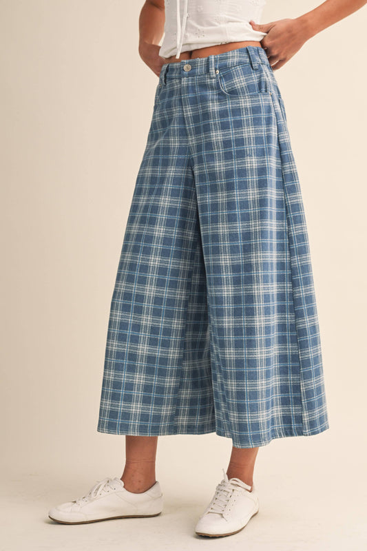 Plaid Denim Cropped Wide Leg Pants