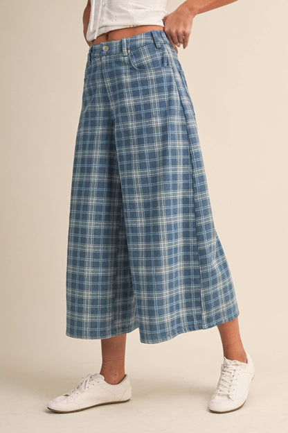 Plaid Denim Cropped Wide Leg Pants