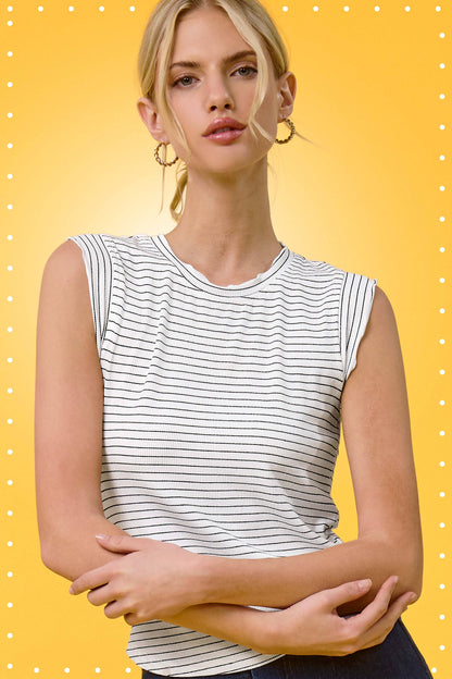 Stretchy Brushed Ruffle Sleeve Stripe Tank Top