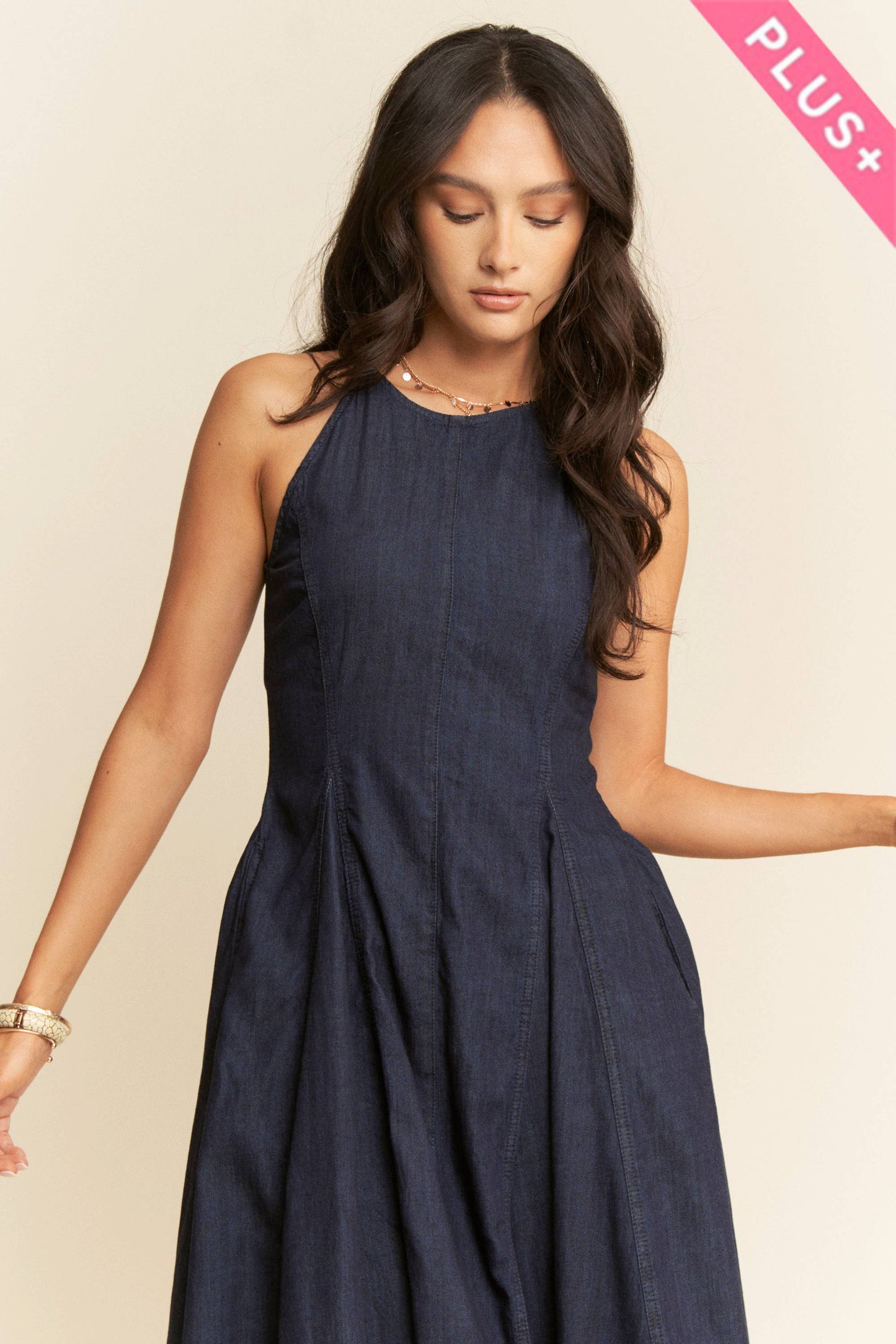 PLUS WASHED DENIM SLEEVELESS FLARE MAXI DRESS