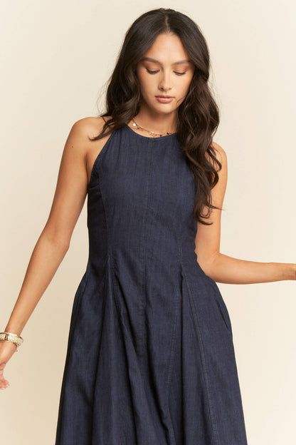 WASHED DENIM SLEEVELESS PANEL FLARE MAXI DRESS