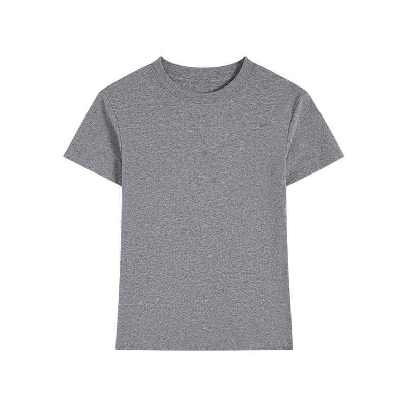 Plain gray T-shirt with short sleeves and a crew neck, laid flat against a white background. The design is simple and casual, conveying a neutral tone.