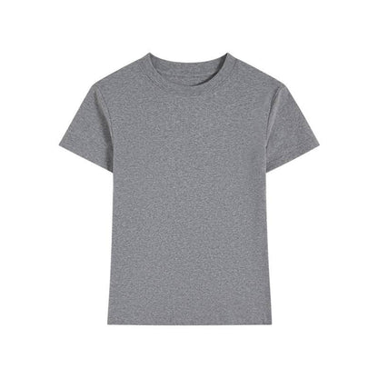 Plain gray T-shirt with short sleeves and a crew neck, laid flat against a white background. The design is simple and casual, conveying a neutral tone.