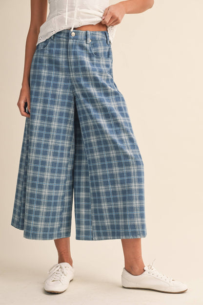 Plaid Denim Cropped Wide Leg Pants