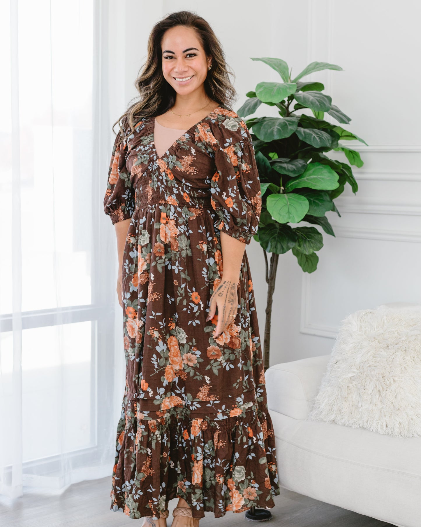 FLORAL THREE QUARTER SLEEVE SMOCKED MAXI DRESS