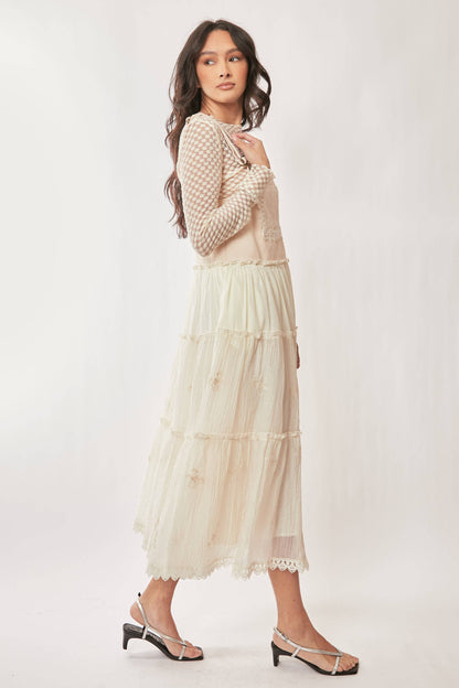 FRONT POCKET EMBROIDERED LACE PINAFORE DRESS