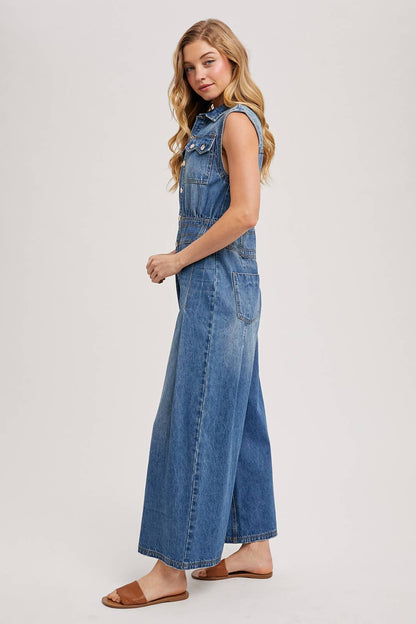DENIM SLEEVELESS SHIRT JUMPSUIT