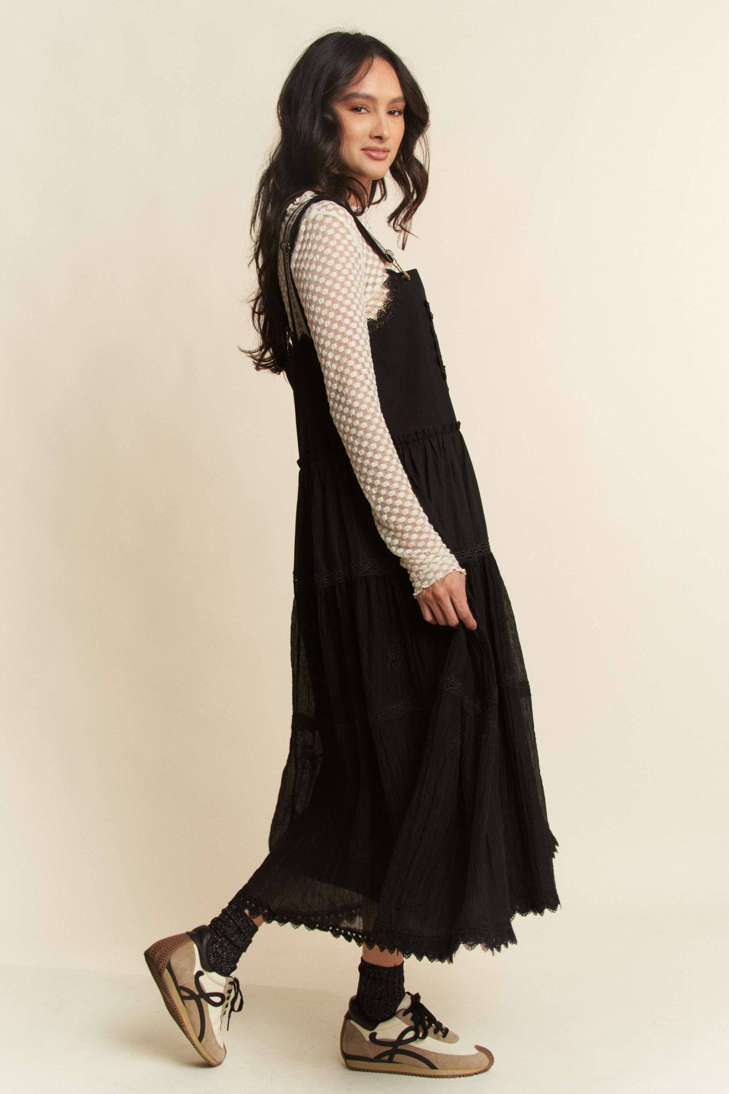 FRONT POCKET EMBROIDERED LACE PINAFORE DRESS