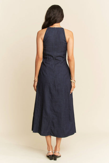 PLUS WASHED DENIM SLEEVELESS FLARE MAXI DRESS