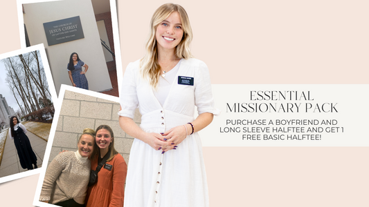  A smiling young woman in a black dress, holding an Essential Missionary Pack white.